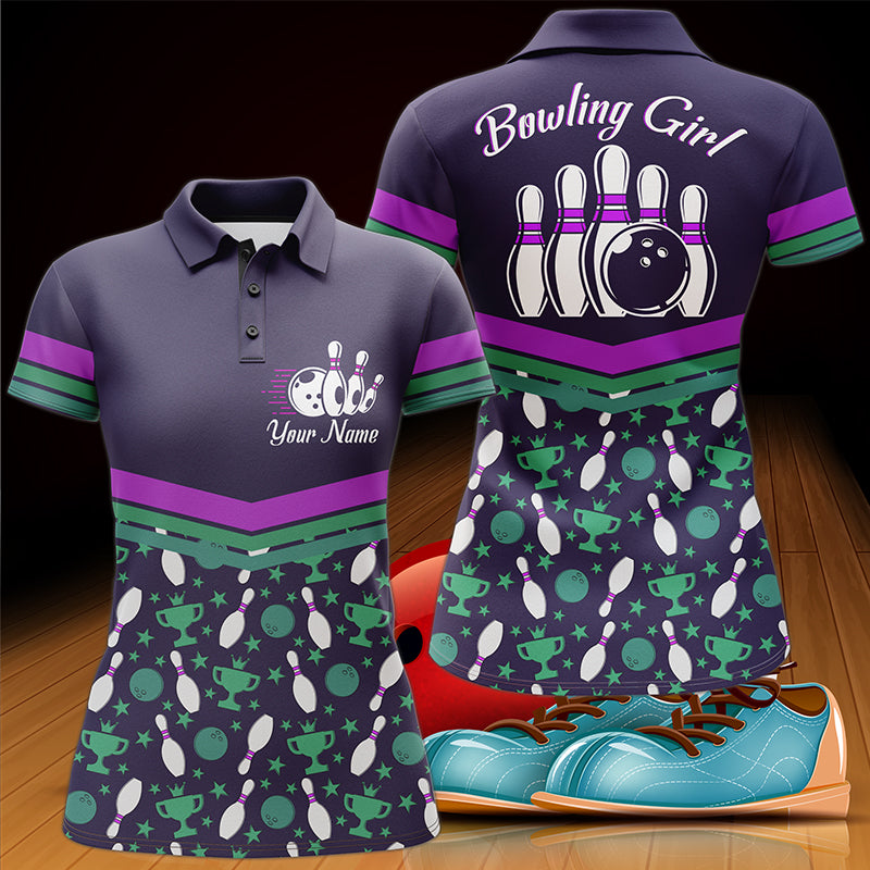 Frenzideas Purple Bowling Ball And Pins Pattern Customized Name All Over Printed Shirt For Women