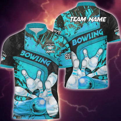 Frenzideas Bowling And Pins Abstract Grunge and Multicolor Personalized Name, Team Name 3D Shirt
