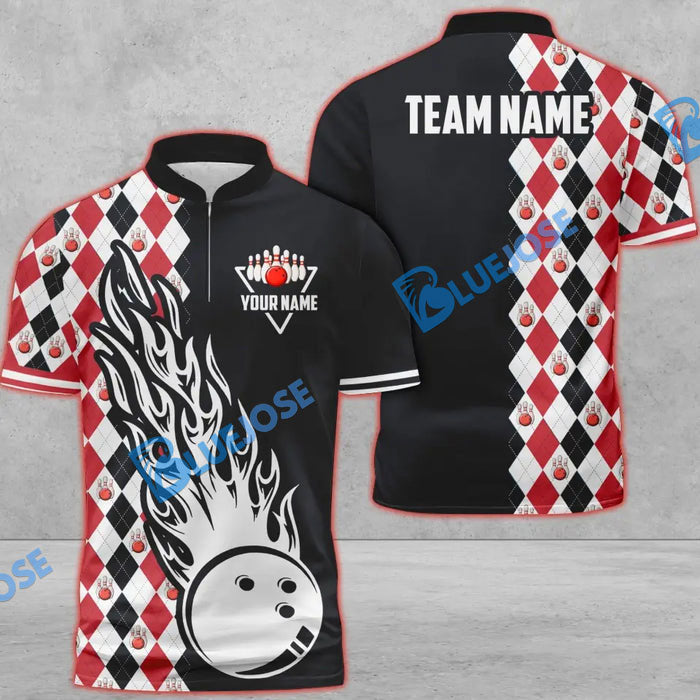 Frenzideas Bowling And Pins Retro Classic Multicolor Customized Name 3D Zipper Polo ( 8 Colors)