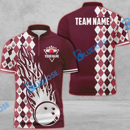Frenzideas Bowling And Pins Retro Classic Multicolor Customized Name 3D Zipper Polo ( 8 Colors)