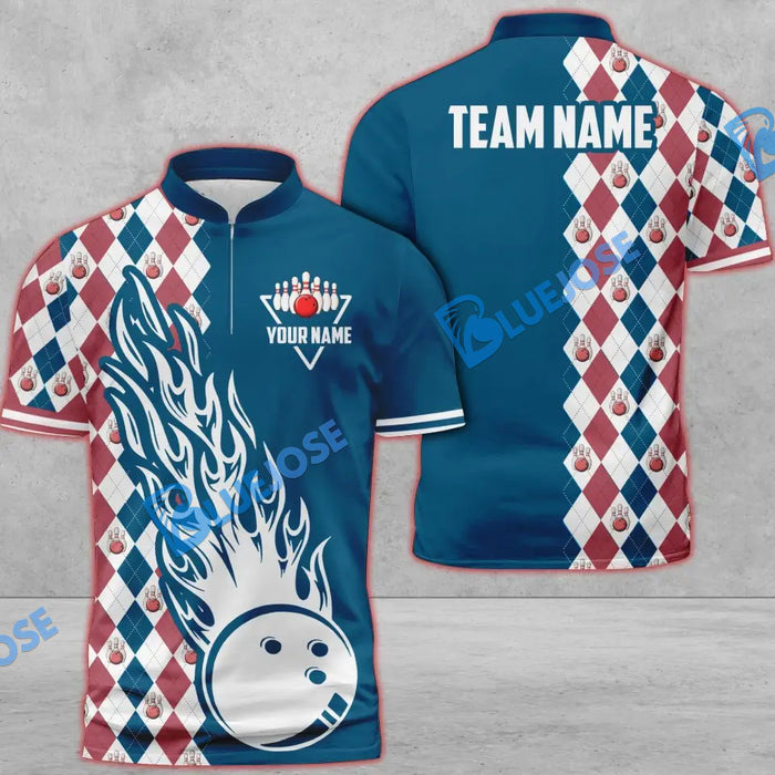 Frenzideas Bowling And Pins Retro Classic Multicolor Customized Name 3D Zipper Polo ( 8 Colors)