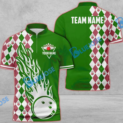 Frenzideas Bowling And Pins Retro Classic Multicolor Customized Name 3D Zipper Polo ( 8 Colors)