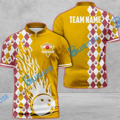 Frenzideas Bowling And Pins Retro Classic Multicolor Customized Name 3D Zipper Polo ( 8 Colors)