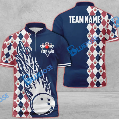 Frenzideas Bowling And Pins Retro Classic Multicolor Customized Name 3D Zipper Polo ( 8 Colors)