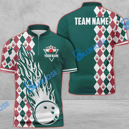 Frenzideas Bowling And Pins Retro Classic Multicolor Customized Name 3D Zipper Polo ( 8 Colors)