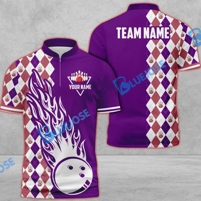 Frenzideas Bowling And Pins Retro Classic Multicolor Customized Name 3D Zipper Polo ( 8 Colors)