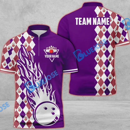 Frenzideas Bowling And Pins Retro Classic Multicolor Customized Name 3D Zipper Polo ( 8 Colors)