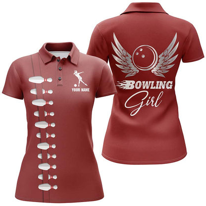 Frenzidea Red Bowling Girl Beautiful Wings Premium Customized Name 3D Shirt For Women