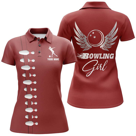 Frenzidea Red Bowling Girl Beautiful Wings Premium Customized Name 3D Shirt For Women