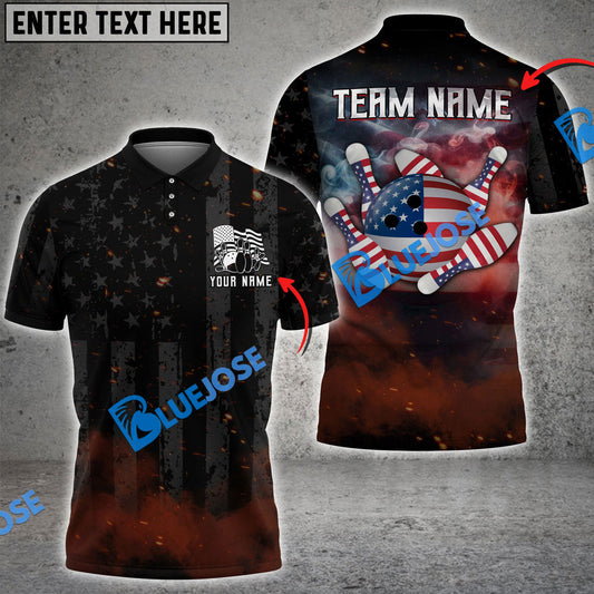 Frenzideas Bowling Amrican Flag Retro Smoke Customized Name, Team Name 3D Shirt