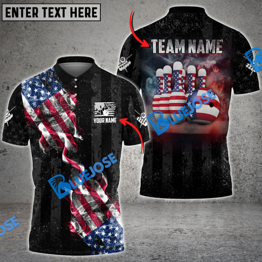 Frenzideas Bowling Amrican Flag Retro Smoke 2 Customized Name, Team Name 3D Shirt