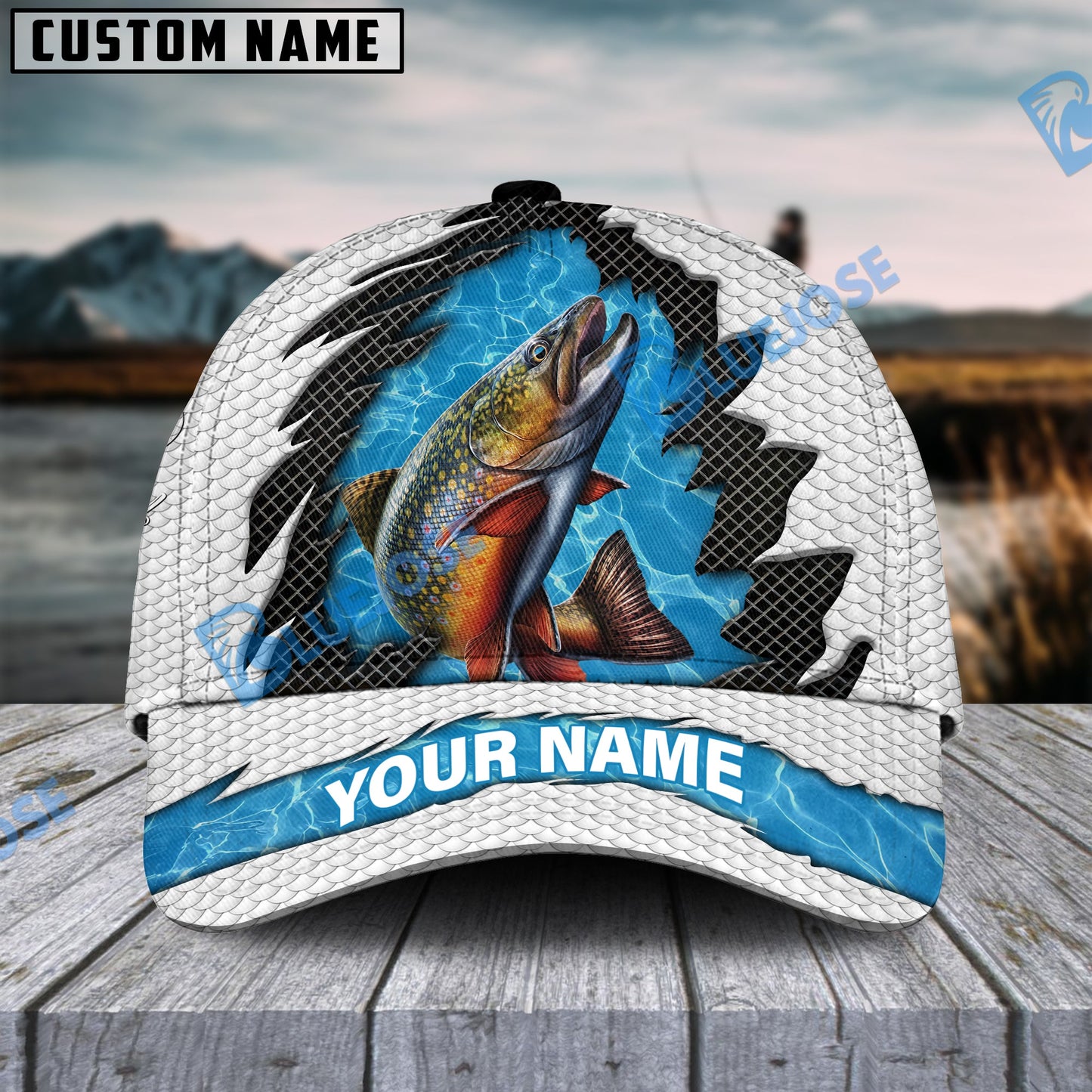 Frenzidea Personalized Trout Fishing White Blue Wave Fishnet Classic Cap