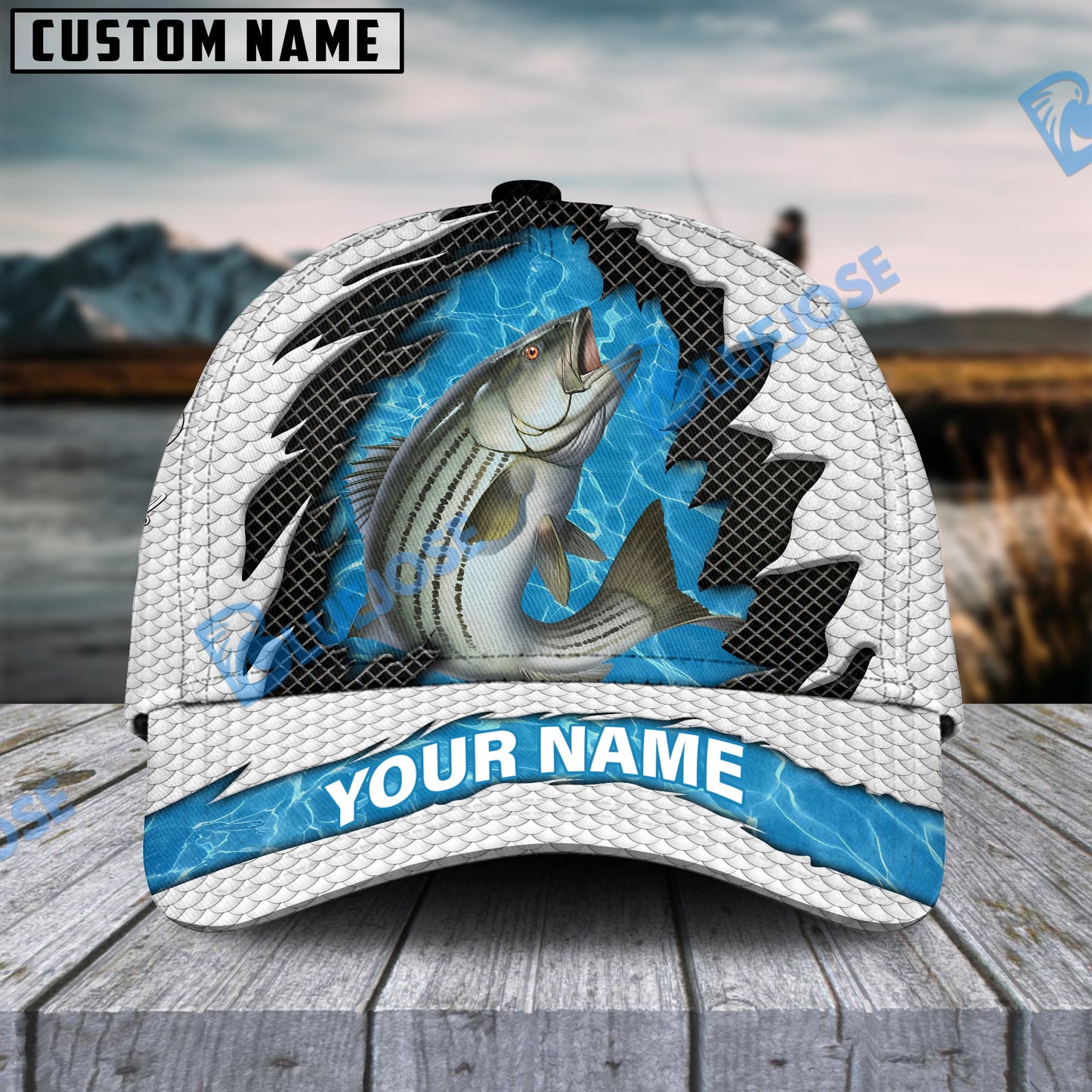 Frenzidea Personalized Striped Bass Fishing White Blue Wave Fishnet Classic Cap