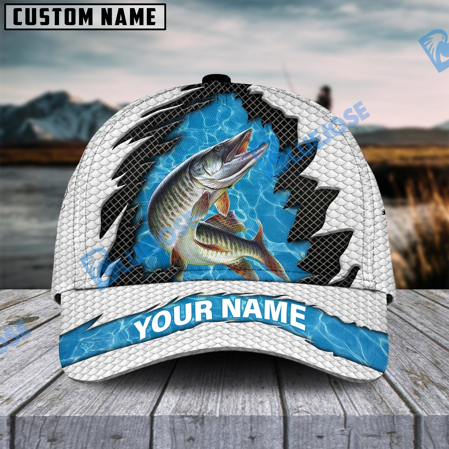 Frenzidea Personalized Musky Fishing White Blue Wave Fishnet Classic Cap