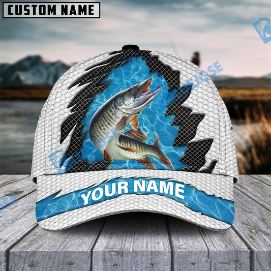 Frenzidea Personalized Musky Fishing White Blue Wave Fishnet Classic Cap