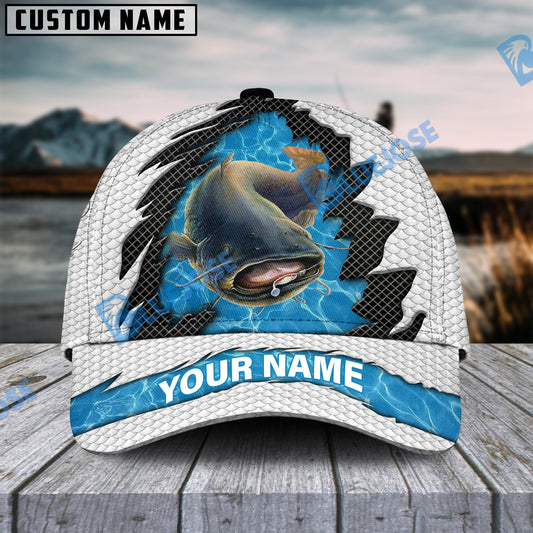 Frenzidea Personalized Catfish Fishing White Blue Wave Fishnet Classic Cap