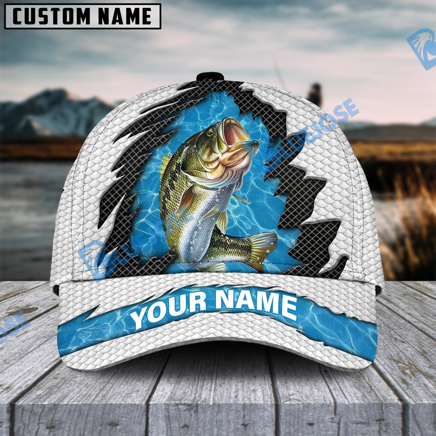 Frenzidea Personalized Bass Fishing White Blue Wave Fishnet Classic Cap