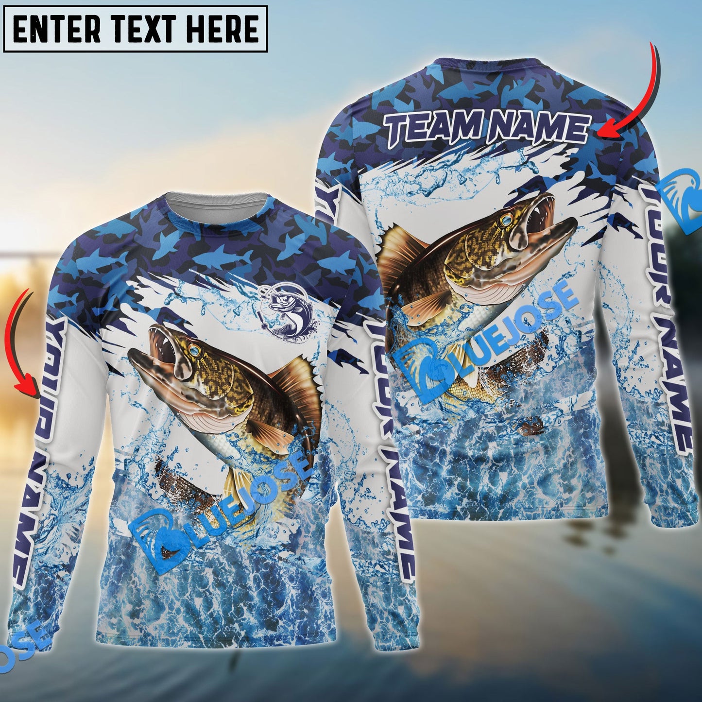 Frenzidea Walleye Fishing Blue Camo Clear Water Custom Name & Team Name 3D Shirts