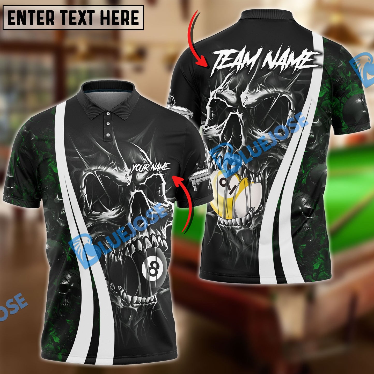 Frenzidea Billiards 8 & 9 Ball Skull Hell Personalized Name, Team Name Unisex Shirt ( 4 Colors )