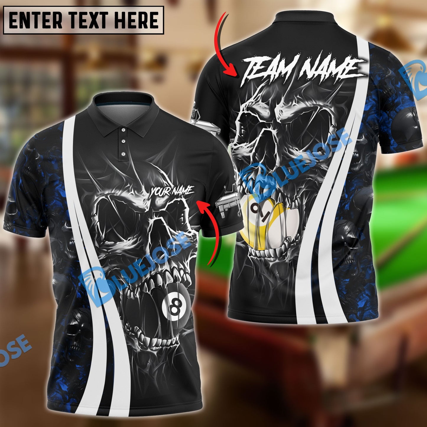 Frenzidea Billiards 8 & 9 Ball Skull Hell Personalized Name, Team Name Unisex Shirt ( 4 Colors )
