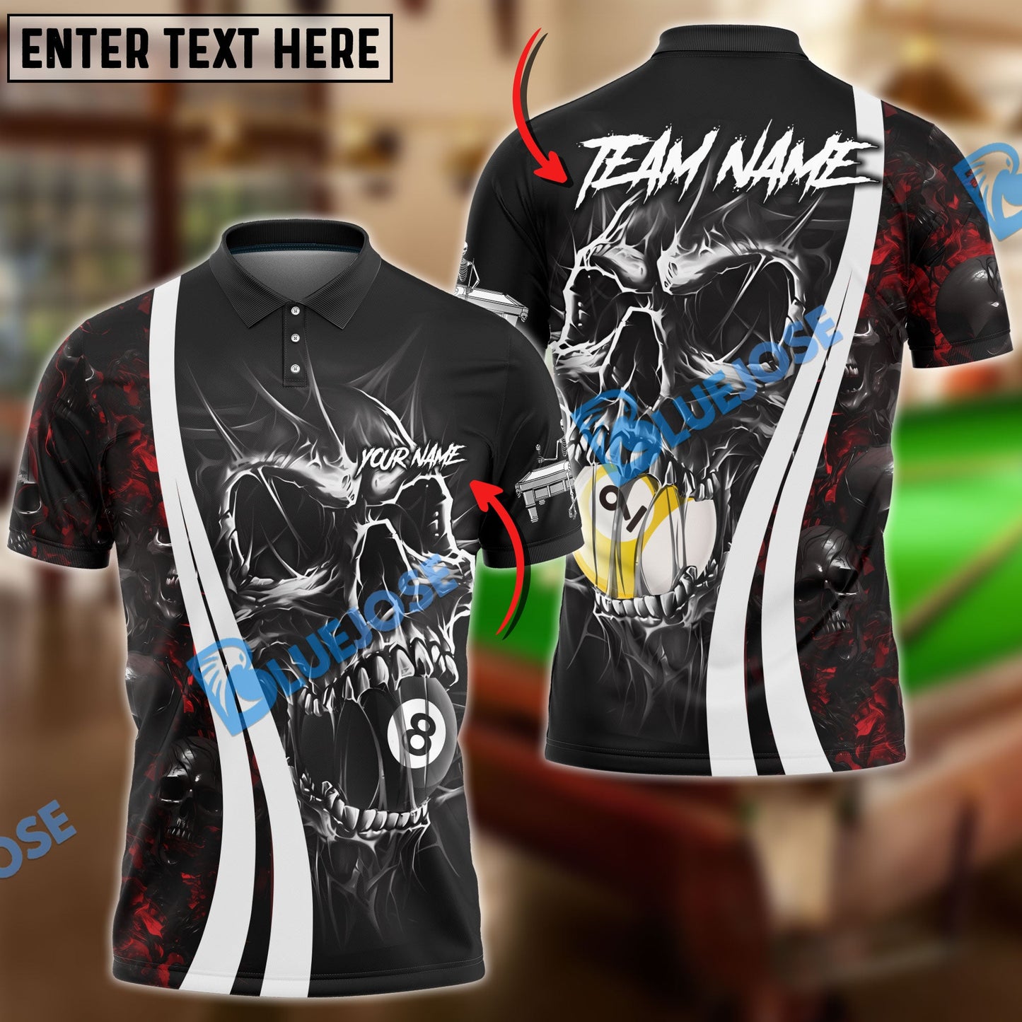 Frenzidea Billiards 8 & 9 Ball Skull Hell Personalized Name, Team Name Unisex Shirt ( 4 Colors )