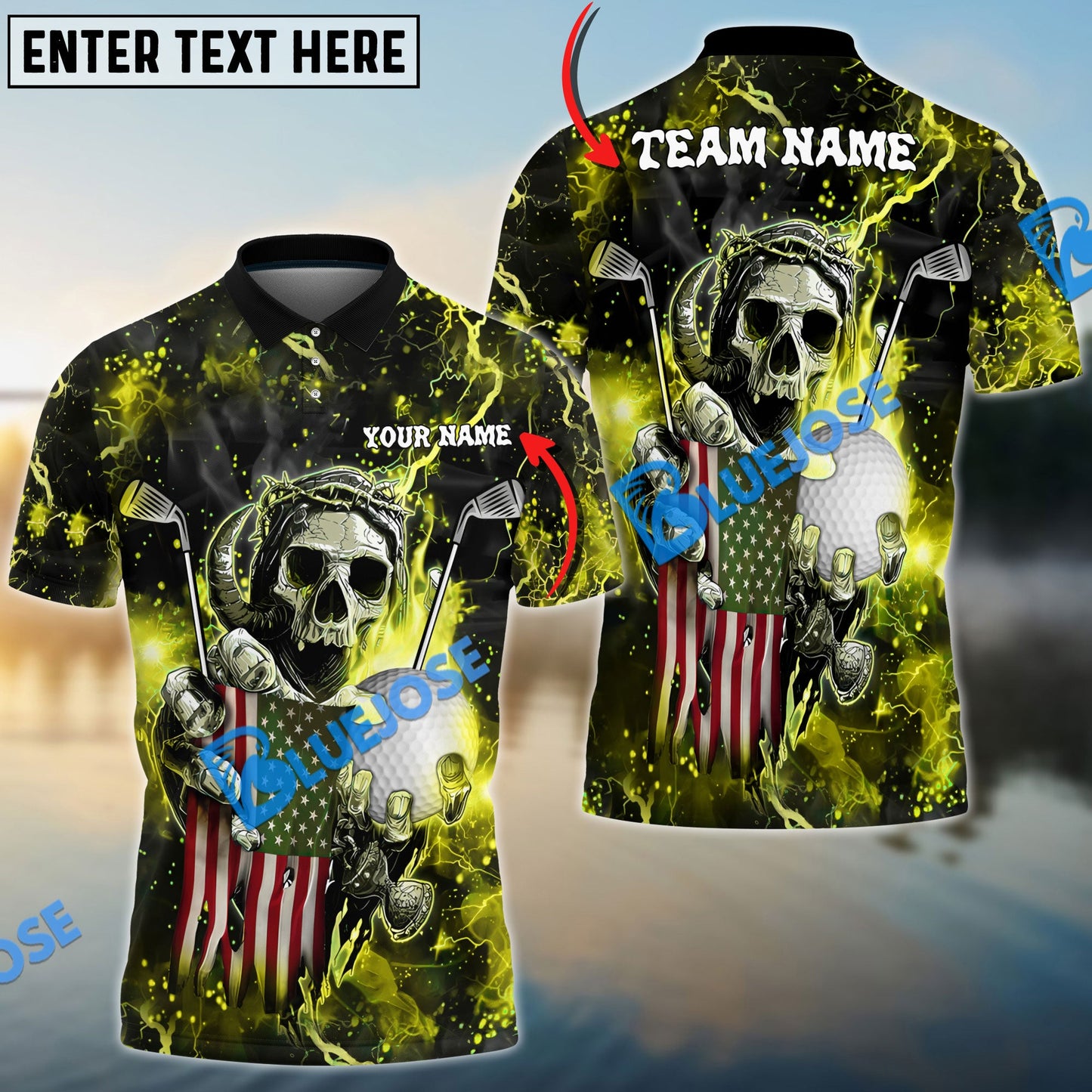 Frenzidea Golf Fire Skull US Flag Customized Name, Team Name 3D Shirts (6 Colors)