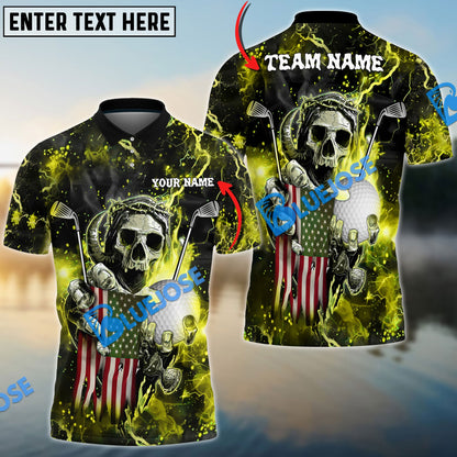Frenzidea Golf Fire Skull US Flag Customized Name, Team Name 3D Shirts (6 Colors)