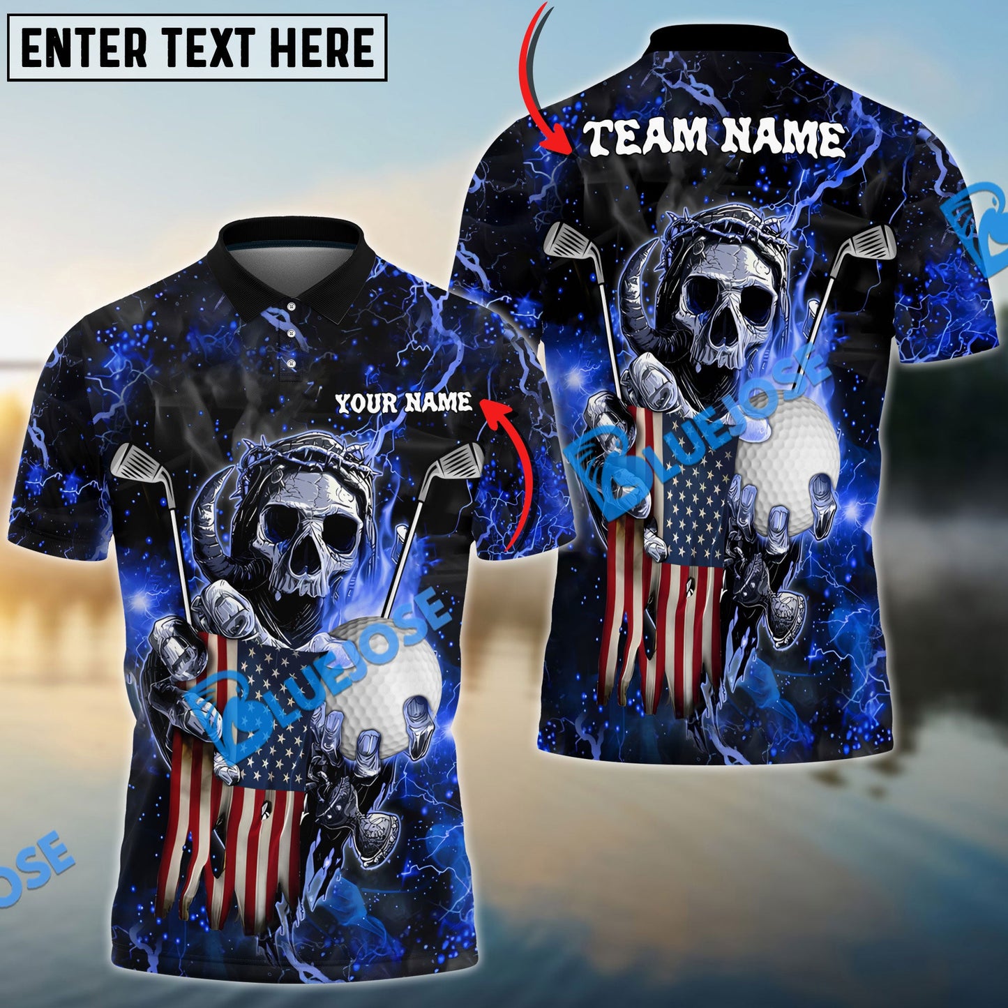 Frenzidea Golf Fire Skull US Flag Customized Name, Team Name 3D Shirts (6 Colors)