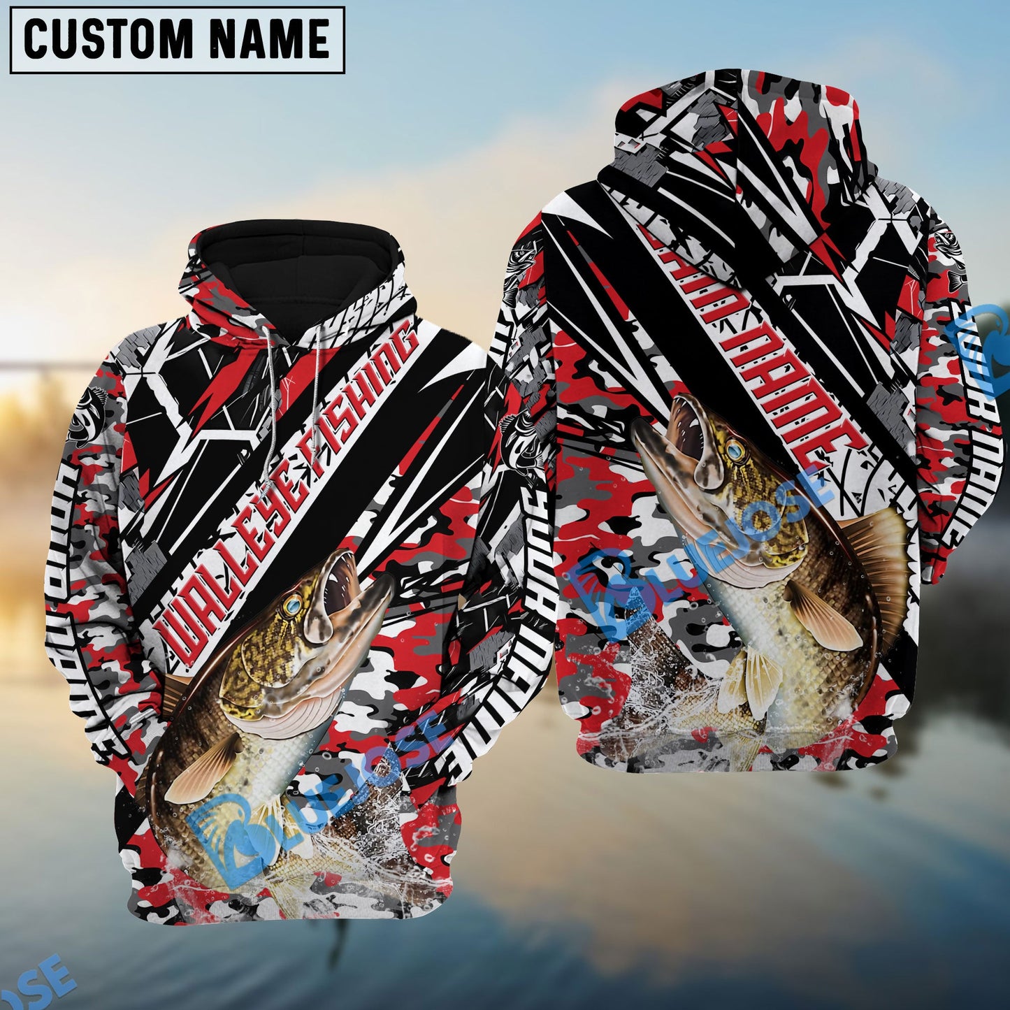 Frenzidea Walleye Fishing Red Grunge Camo Custom Name & Team Name 3D Shirts