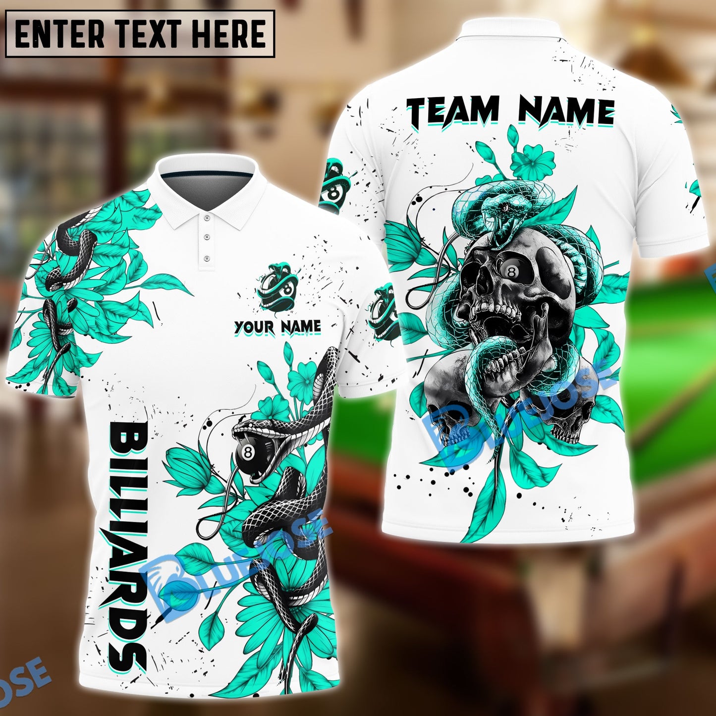 frenzidea Billiards Ball 8 Snake Skull Tattoo Art Personalized Name, Team Name Unisex Shirt ( 4 Colors )