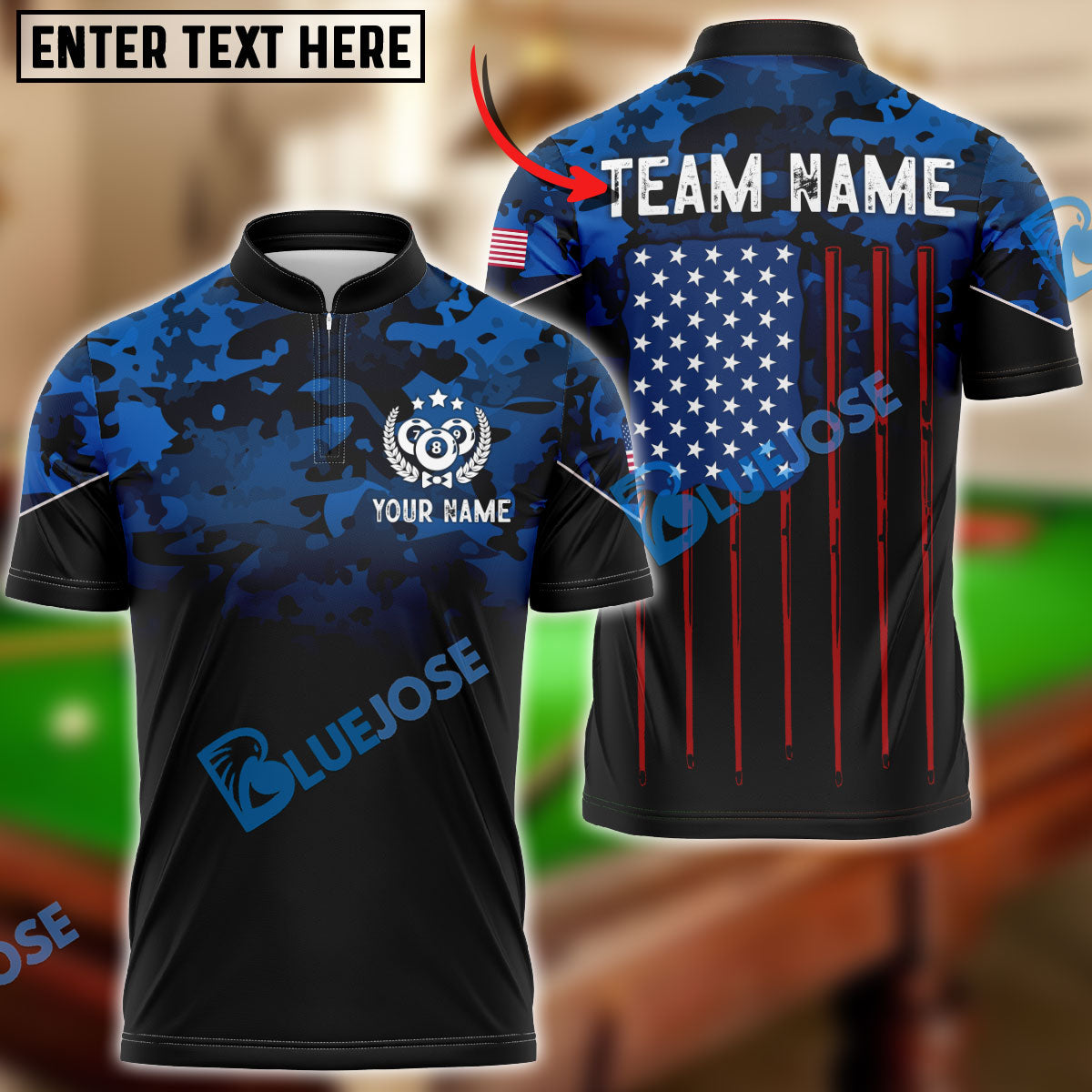 Frenzidea Billiard Navy US Flag Pattern Personalized Name, Team Name Unisex Shirt