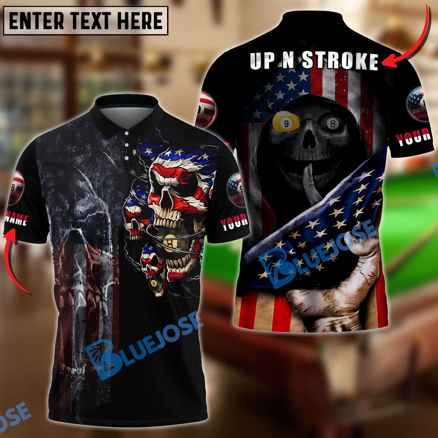 Frenzidea Billiards Skull Patriotic Up N Stroke Team Personalized Name 3D Shirt