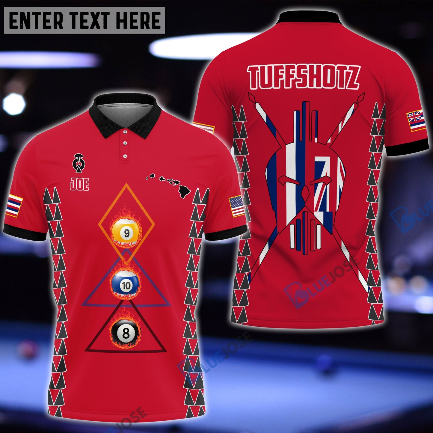 Frenzidea Version 2 Billiards Hawaii & USA Flag Personalized Name, Team Name Polo Shirt