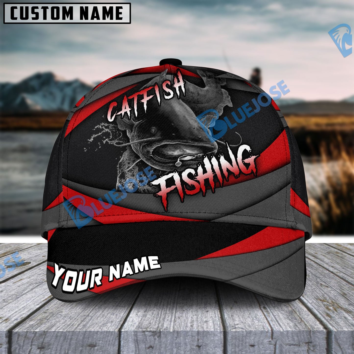 Frenzidea Personalized Catfish Fishing Red Gray Spinning Pattern Classic Cap