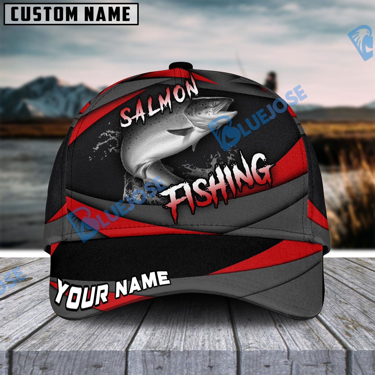 Frenzidea Personalized Salmon Fishing Red Gray Spinning Pattern Classic Cap