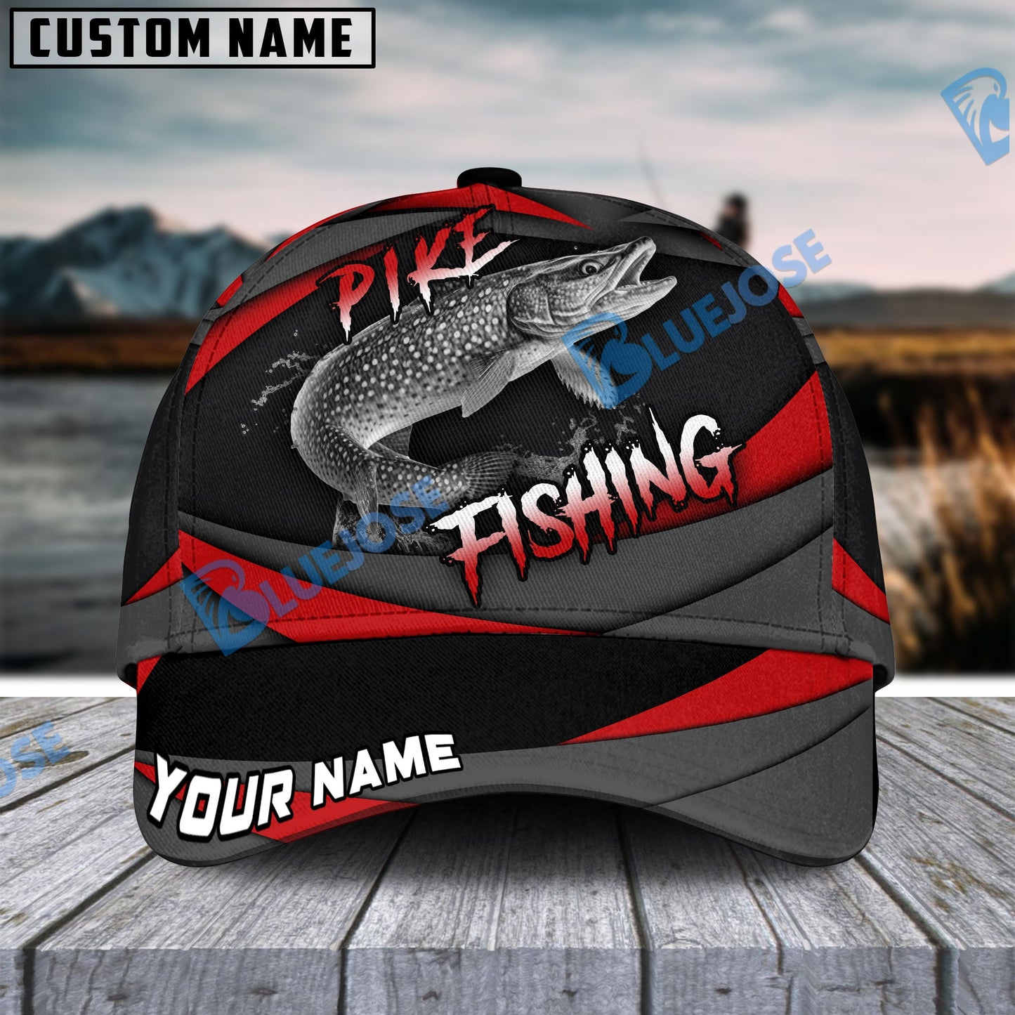 Frenzidea Personalized Pike Fishing Red Gray Spinning Pattern Classic Cap