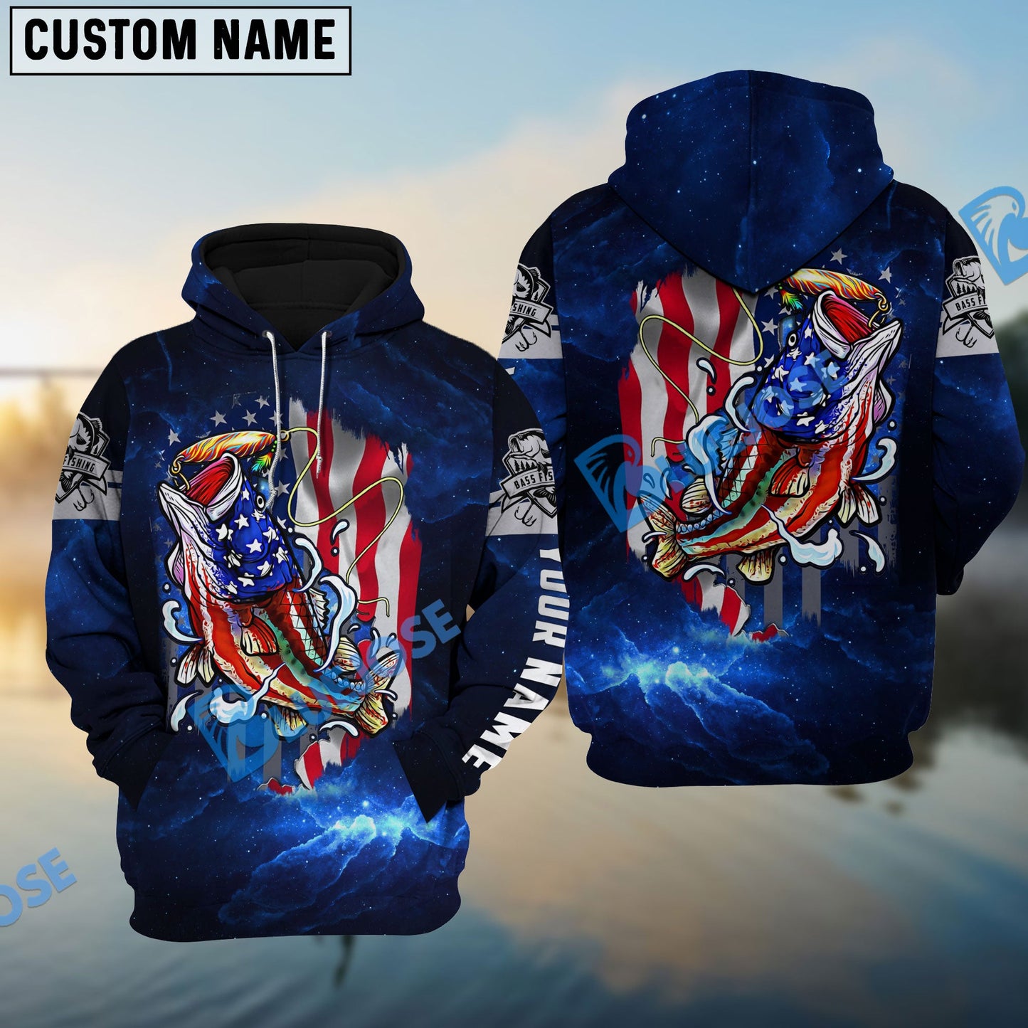frenzidea Personalized Bass Fishing 3D American Flag Patriotic Hoodie