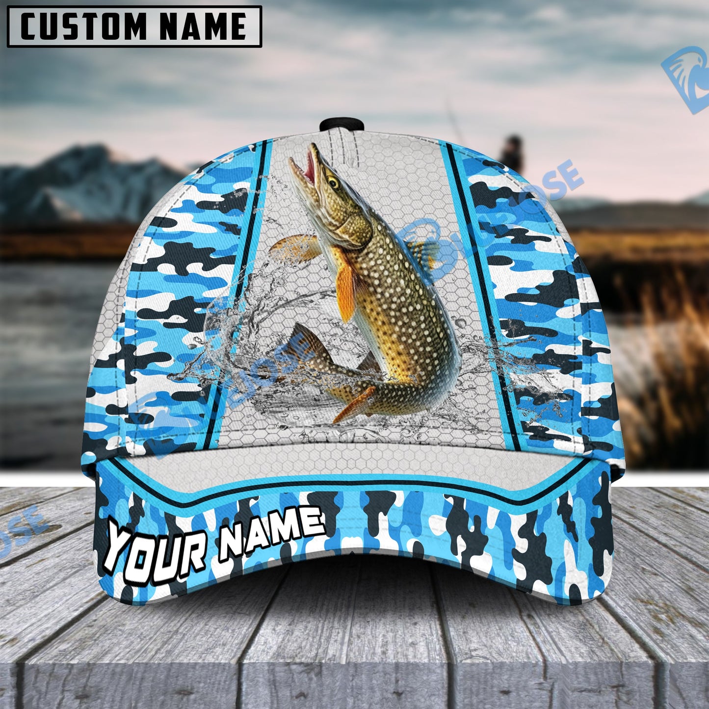 Frenzidea Personalized Pike Fishing Light Blue Camo Sport Classic Cap