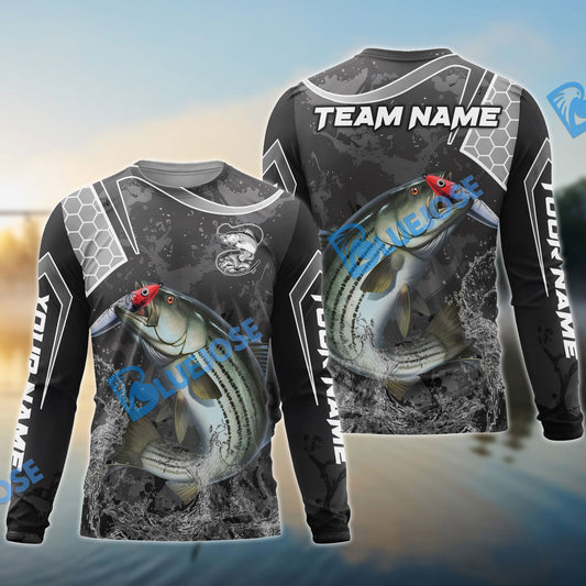 Frenzidea Striped Bass Fishing Gray Camo Sport Custom Name & Team Name 3D Shirts