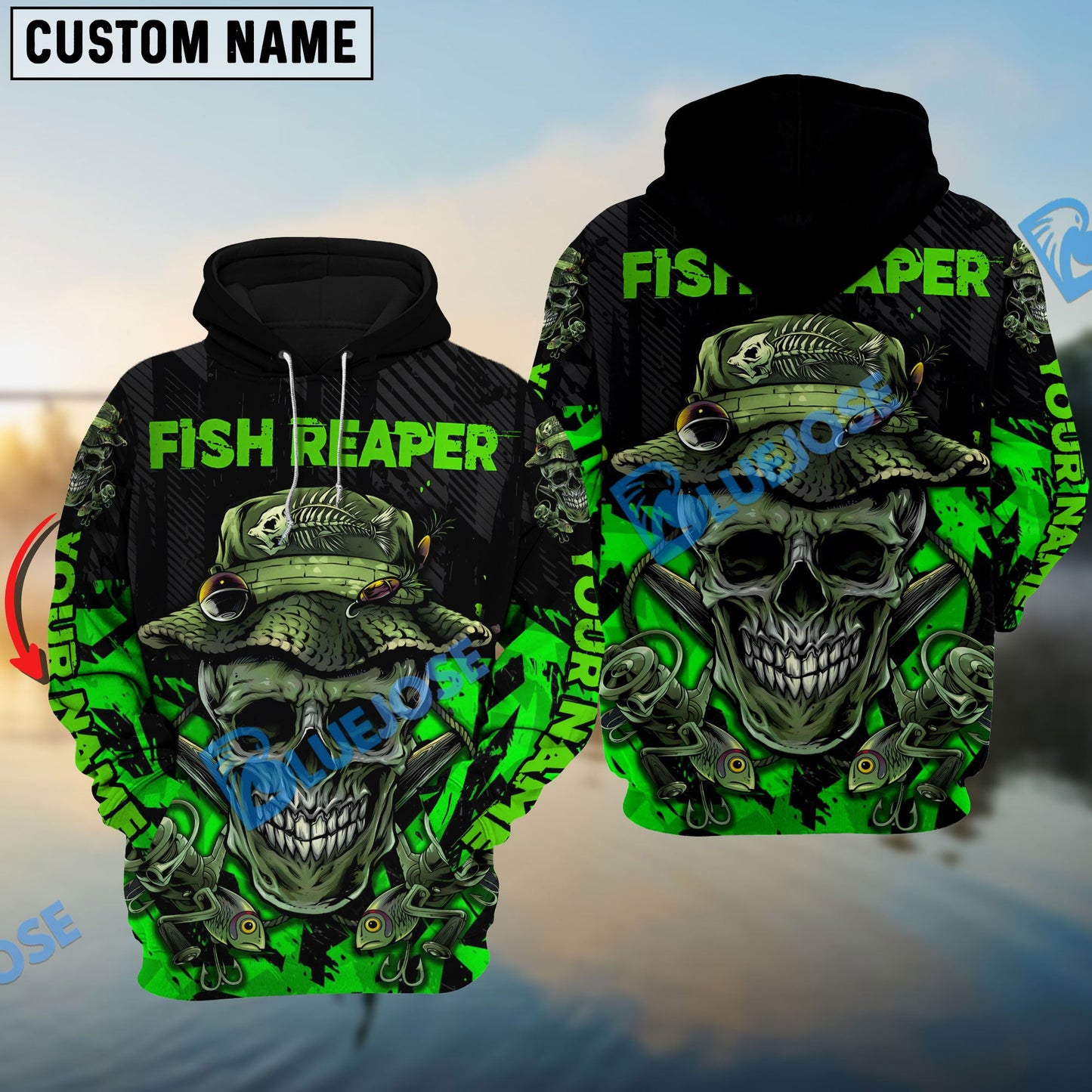 Frenzidea Fish Reaper Skull Black And Neon Green Custom Fishing Shirts