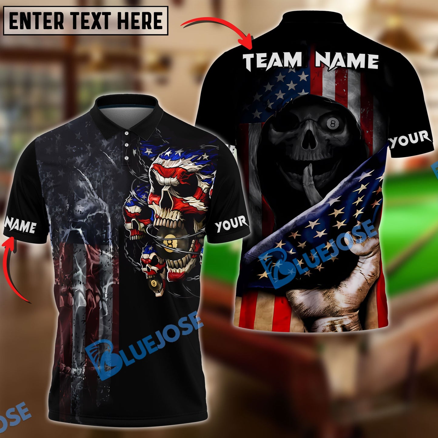 Frenzidea Billiards Top Secret Skull US Flag Personalized Name, Team Name Unisex Shirt