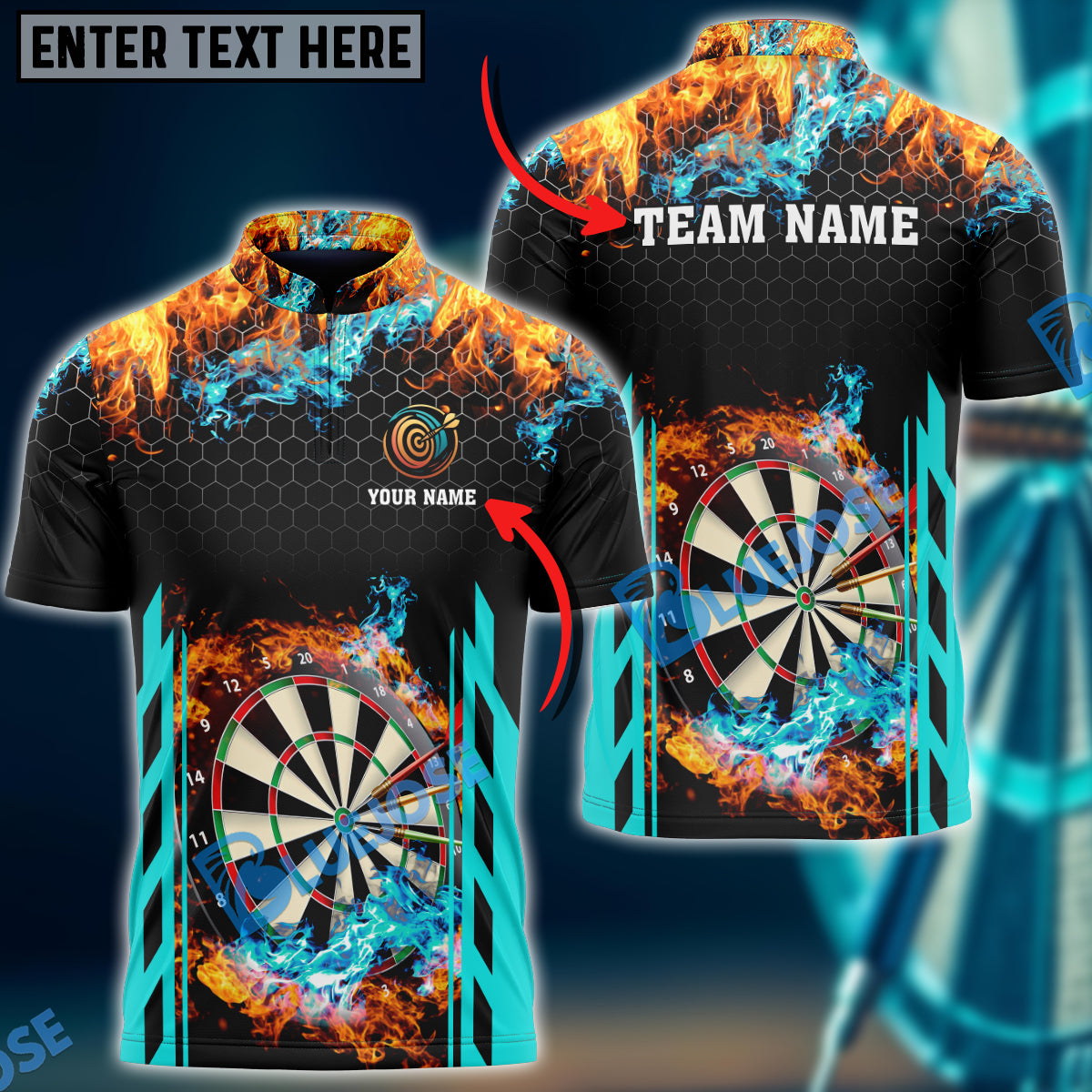 Frenzidea Red and Blur Fire Dart Board Personalized Name, Team Name 3D Shirt (6 Colors)
