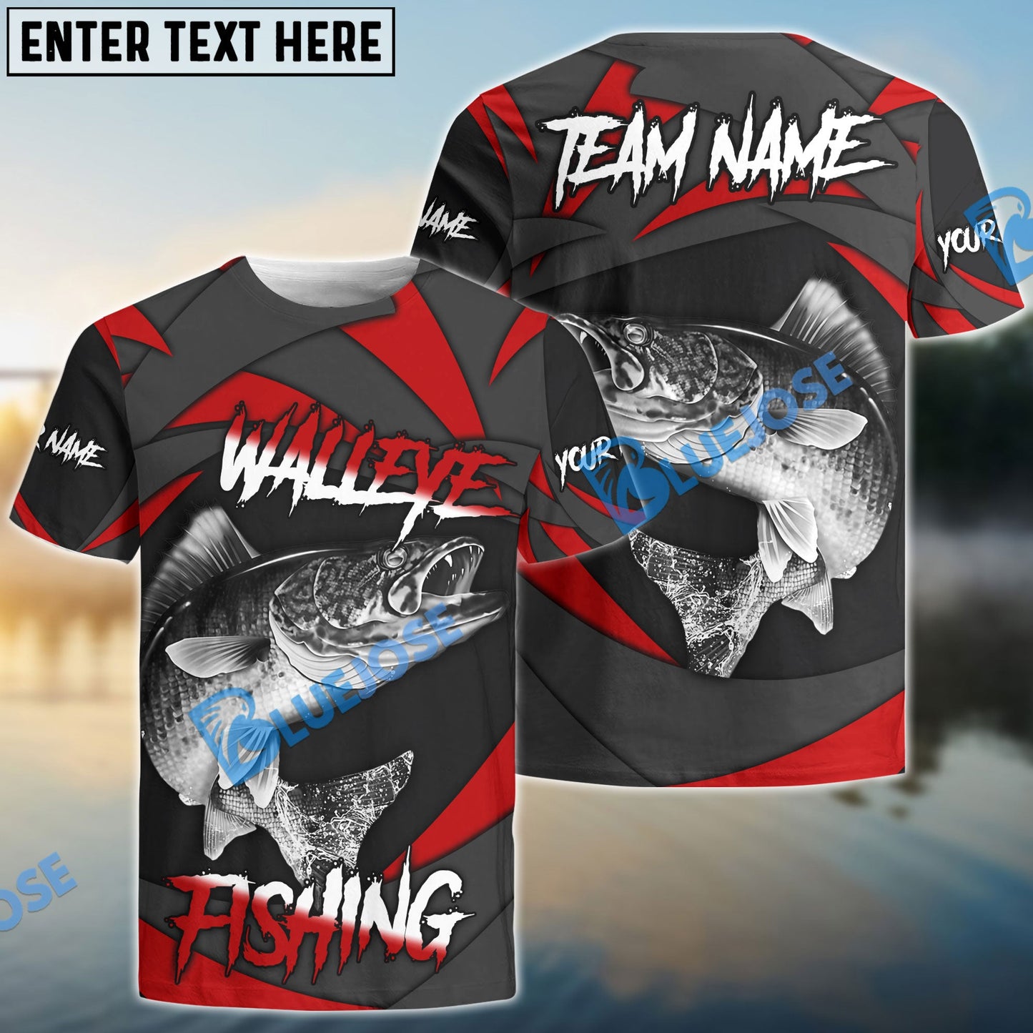 Frenzidea Walleye Fishing Red Gray Spinning Pattern Custom Name & Team Name 3D Shirts