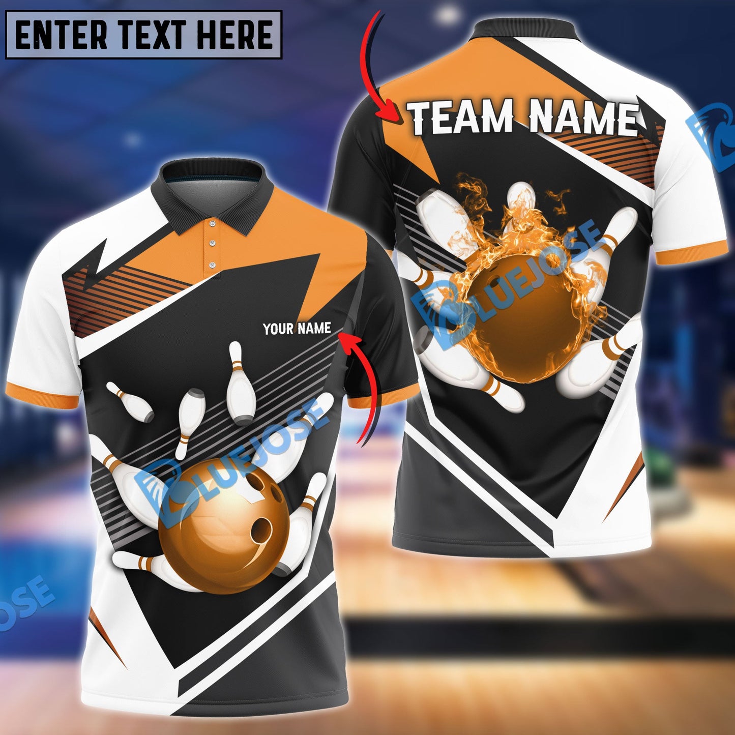 Frenzideas Bowling and Pins Tornado and Fire Pattern Customized Name, Team Name 3D Shirt (4 Colors)