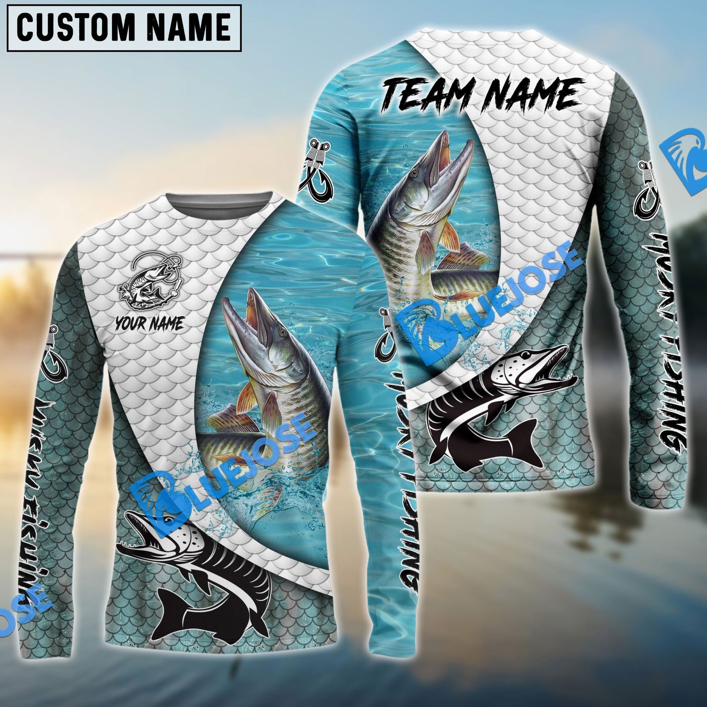 Frenzidea Musky Fishing White Skin Diagonal Custom Name & Team Name 3D Shirts