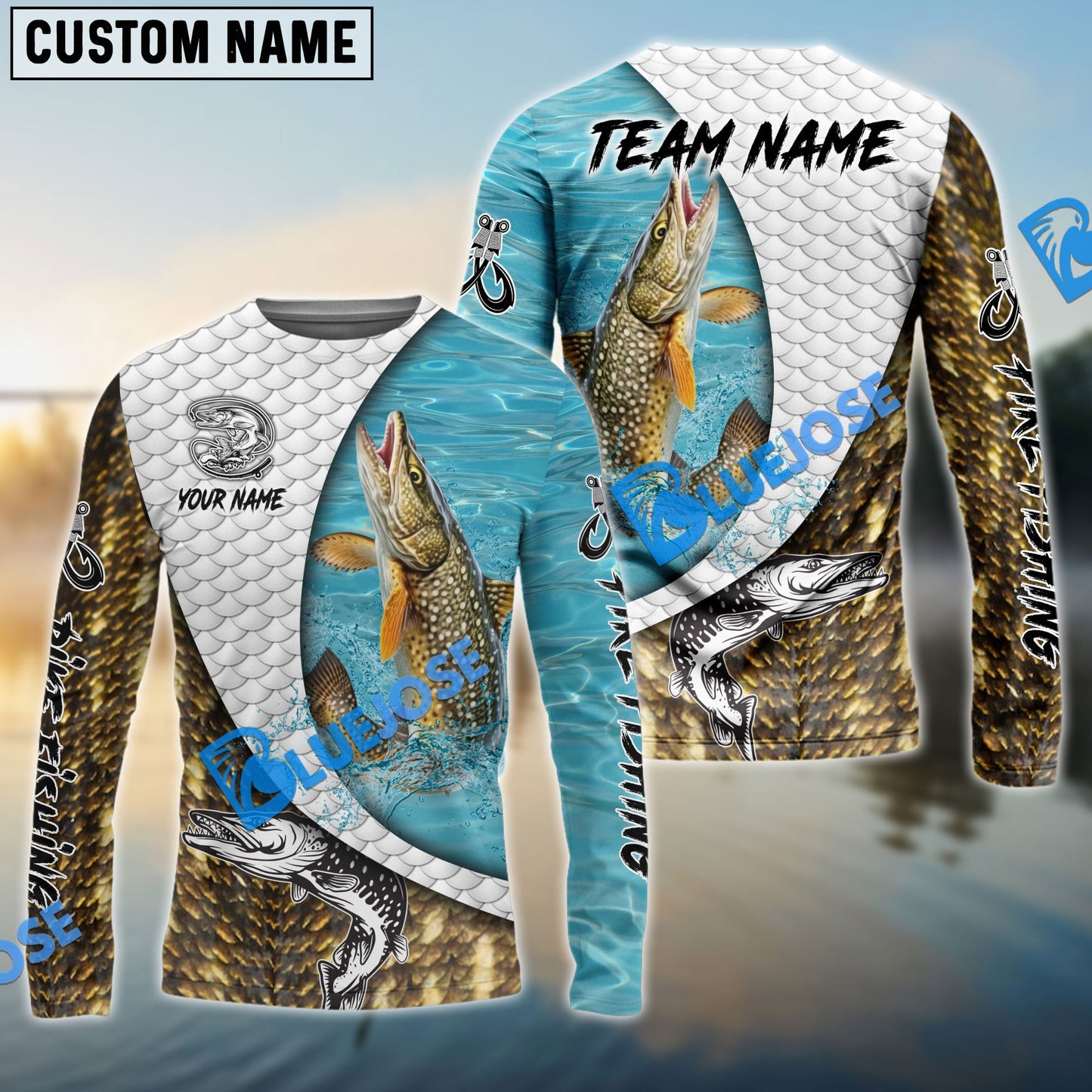 Frenzidea Pike Fishing White Skin Diagonal Custom Name & Team Name 3D Shirts