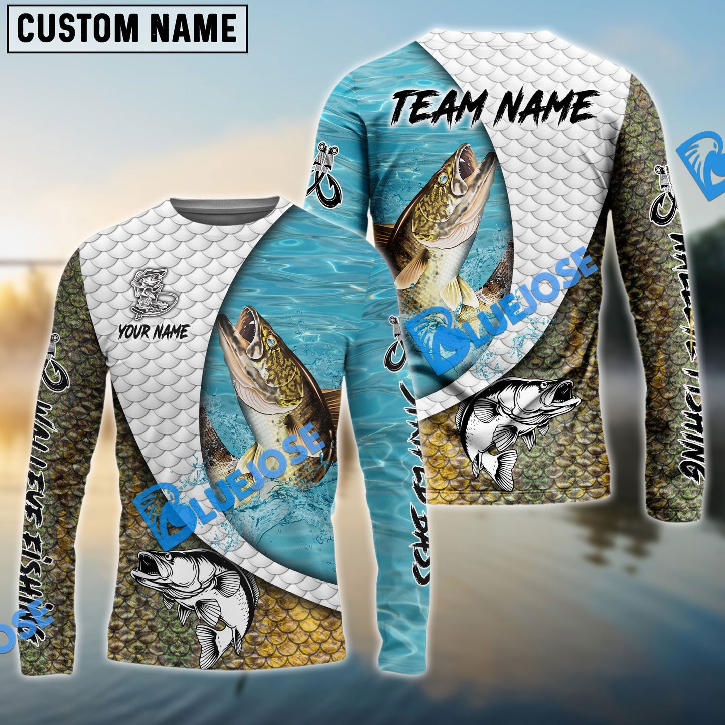Frenzidea Walleye Fishing White Skin Diagonal Custom Name & Team Name 3D Shirts
