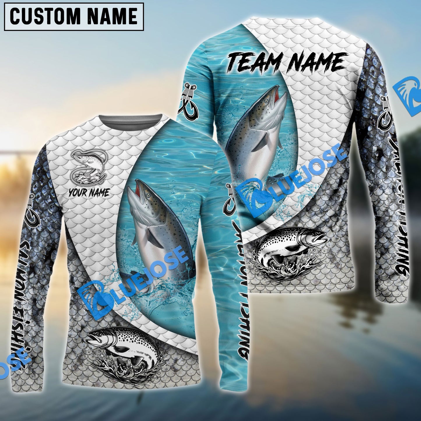 Frenzidea Salmon Fishing White Skin Diagonal Custom Name & Team Name 3D Shirts