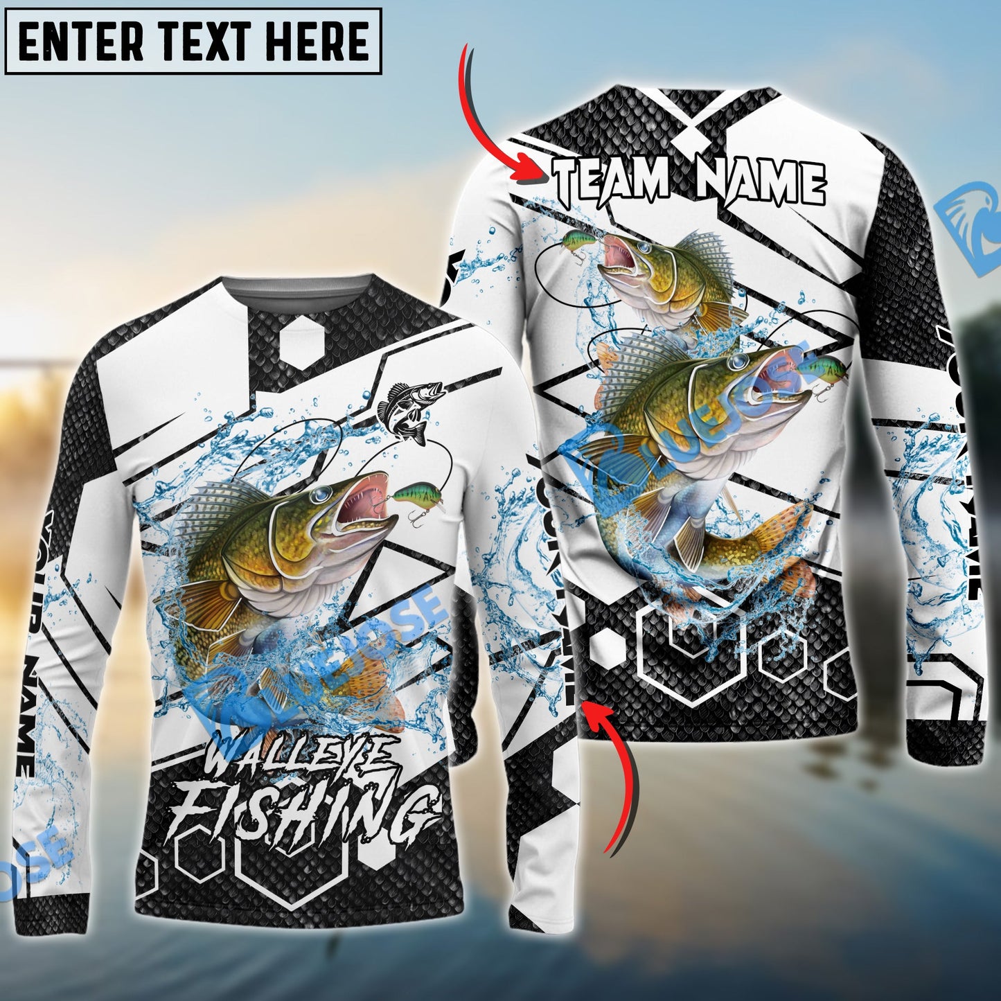 Frenzidea Walleye Fishing White Gray Black Hexagon Sport Custom Name & Team Name 3D Shirts