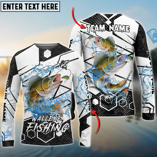 Frenzidea Walleye Fishing White Gray Black Hexagon Sport Custom Name & Team Name 3D Shirts